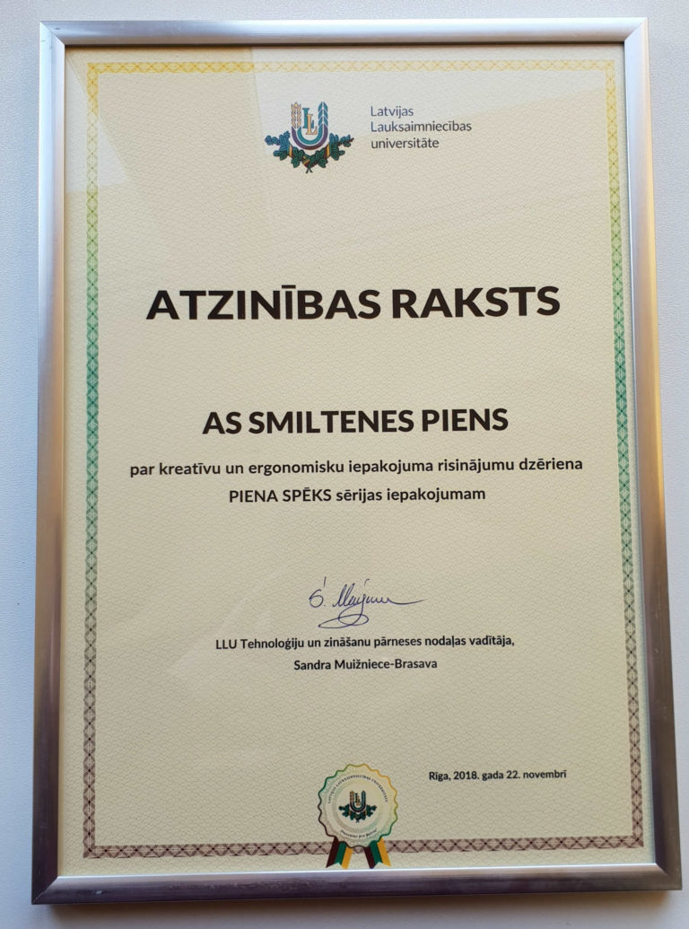Atzinība par kreatīvu un ergonomisku iepakojuma risinājumu dzēriena PIENA SPĒKS sērijas iepakojumam!